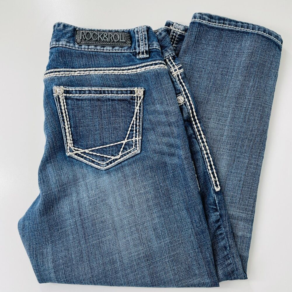 VTG Rock & Roll 28x22 Cropped Y2K Jeans Low Rise Cropped Jeans Embroidered Jeans